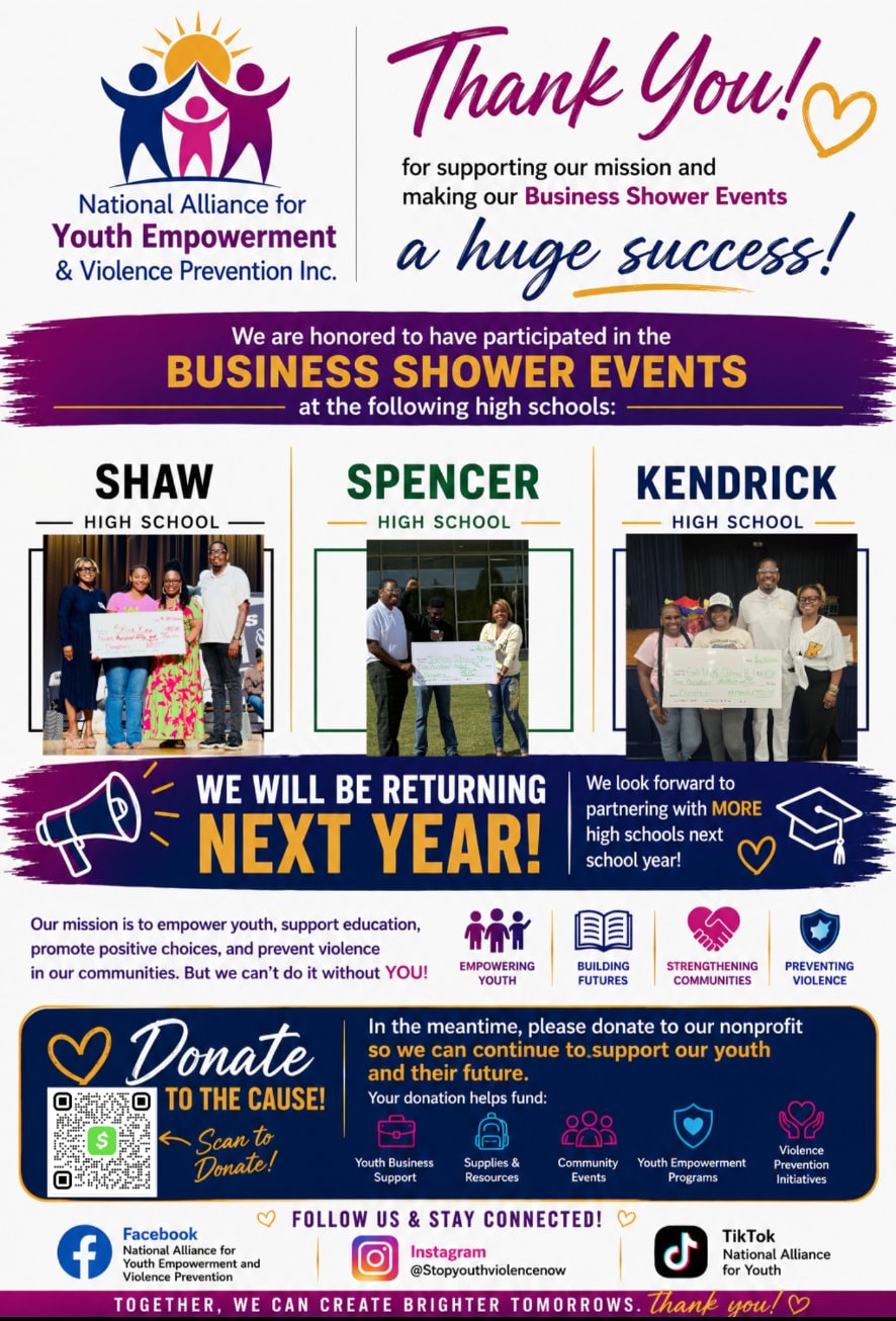 Business Shower thank-you flyer featuring presentations at Shaw, Spencer, and Kendrick High Schools